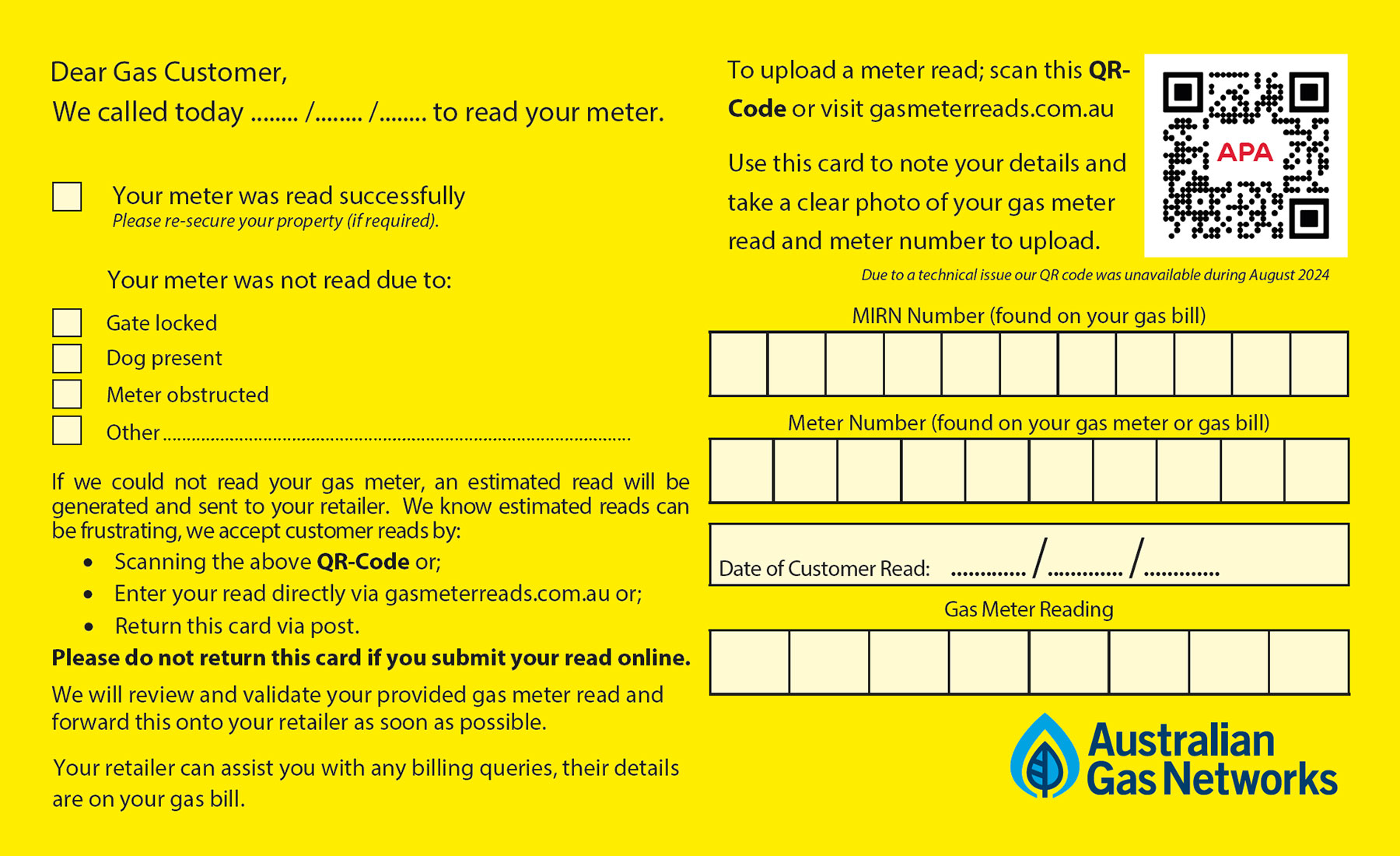 Gas Meter Reading Card